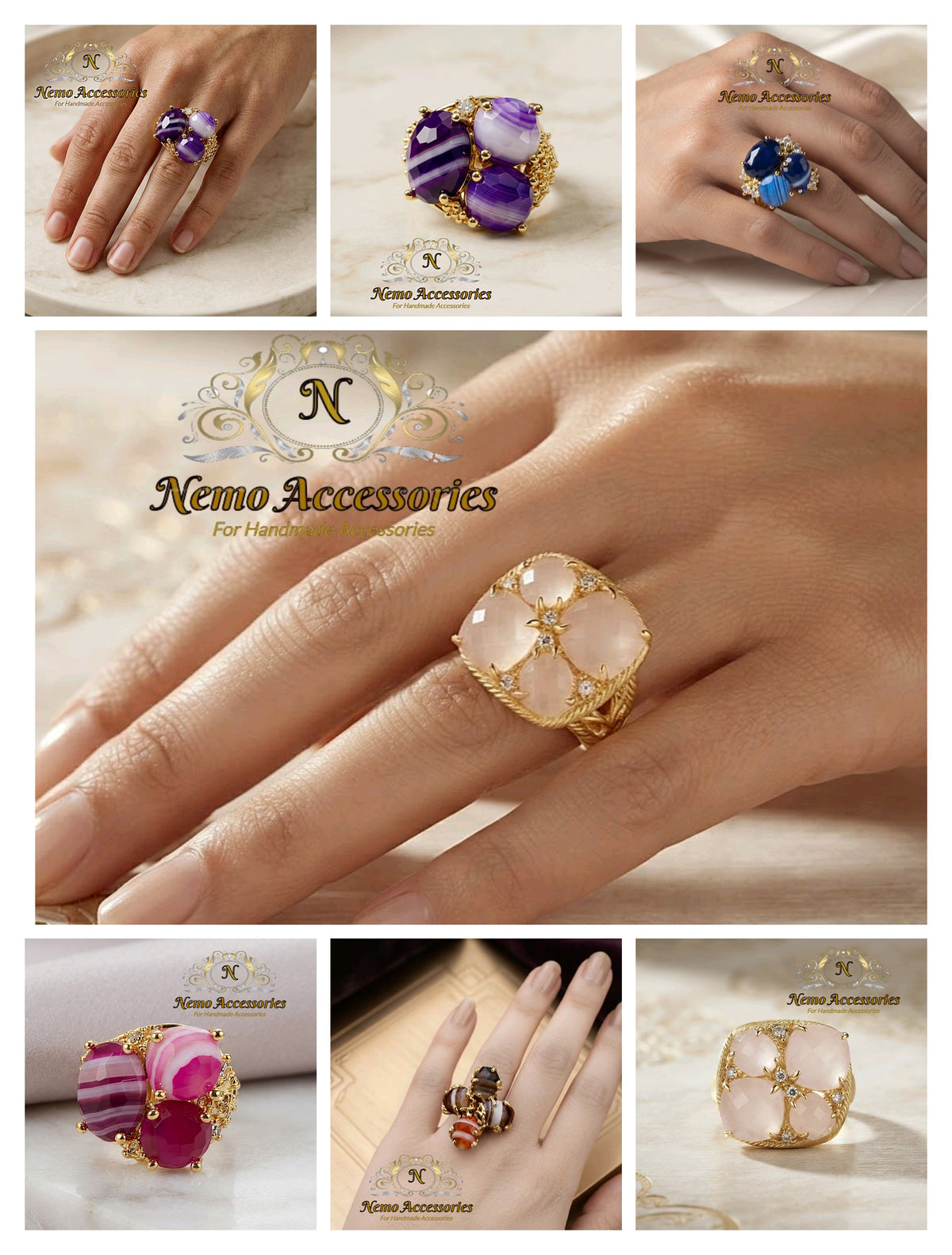 agate - rose quartz rings